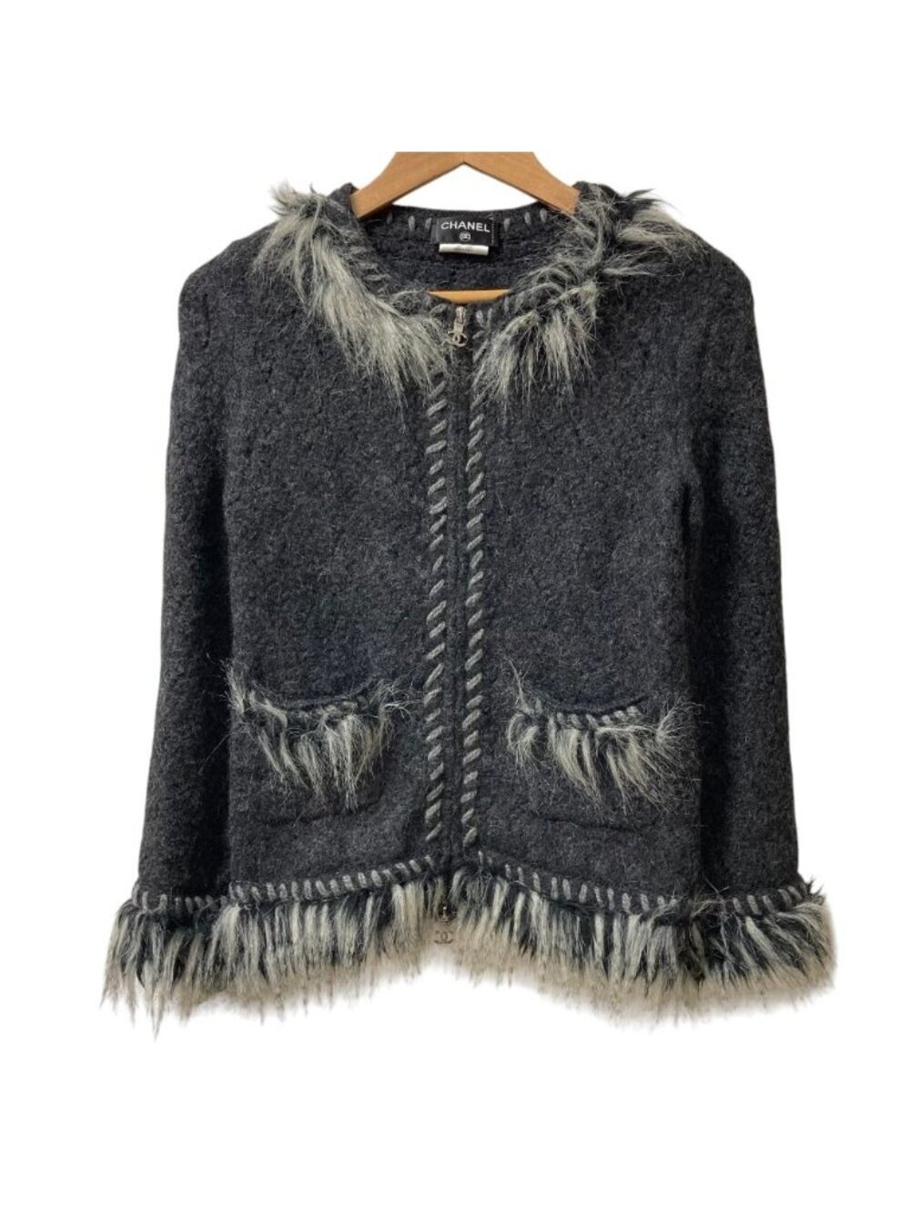 Chanel Alpaca Cashmere Zip Up Knit Jacket 36 Dark Gray White
